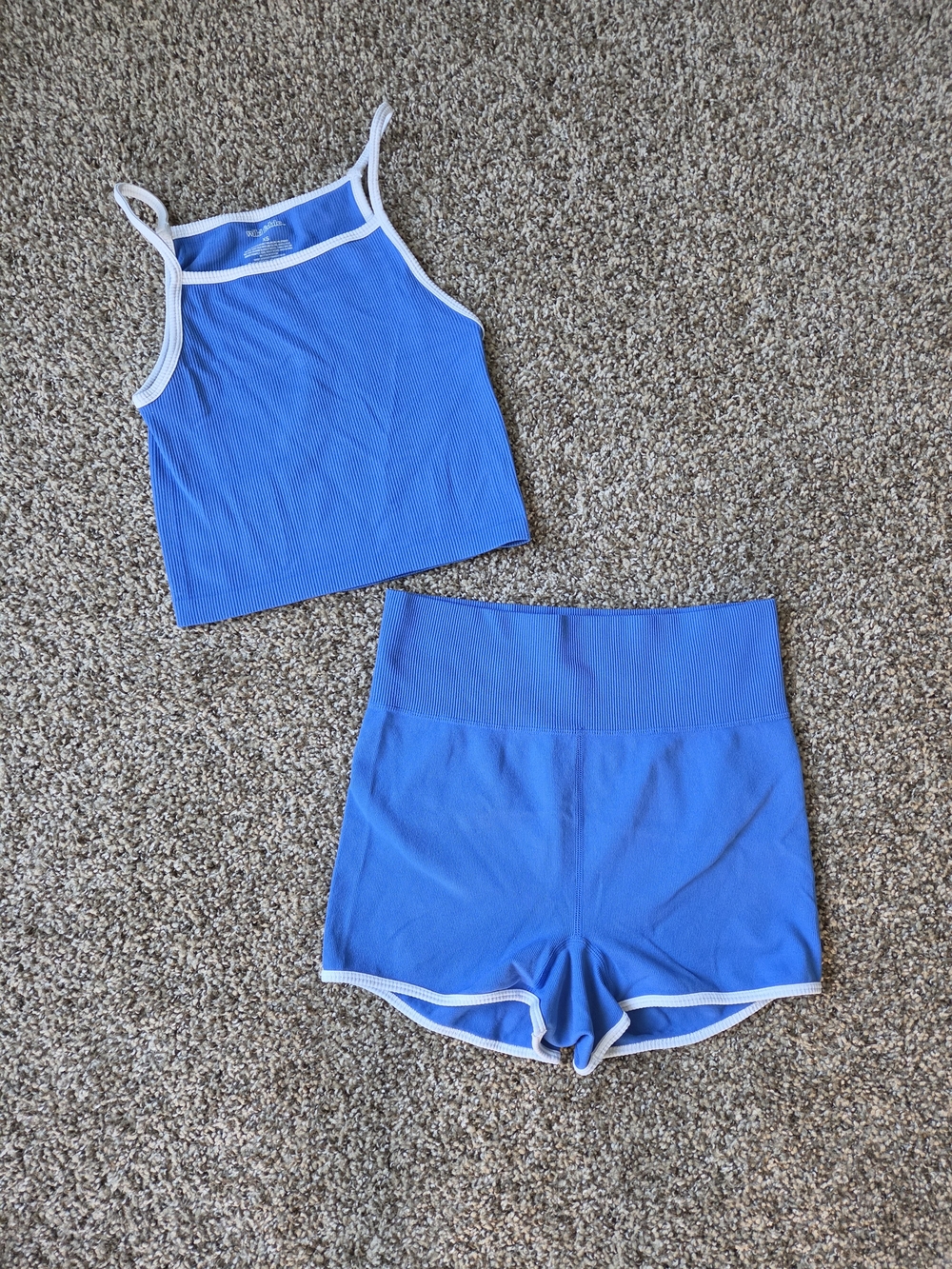 Blue Ribbed Crop Tank & High-Waist Shorts Set